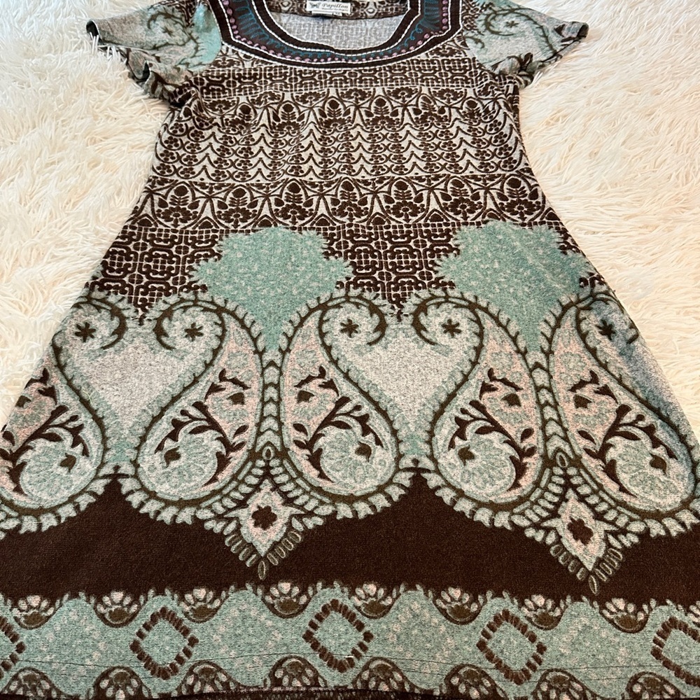 Papillon Boho Paisley Knit Brown Teal Floral Sweater Dress Eclectic Grandpa M - Picture 15 of 16